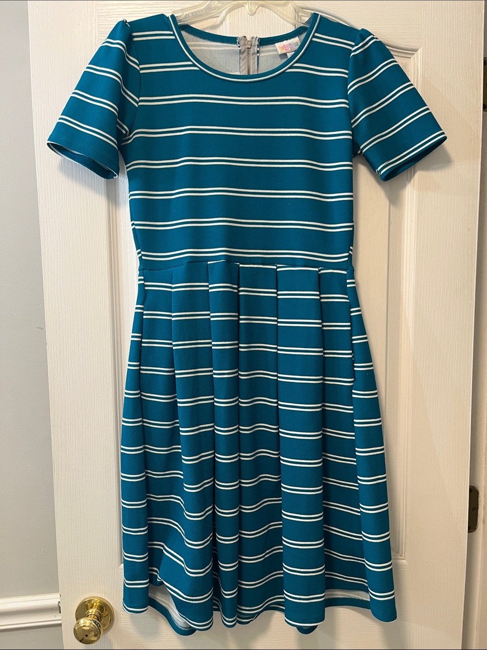 LuLaRoe Teal and White Striped Short Sleeve Fit & Flare Dress